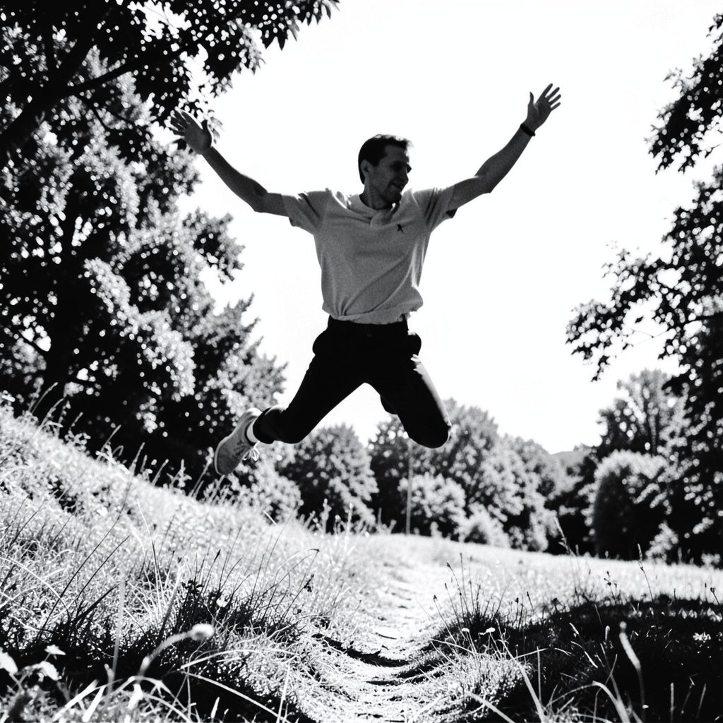 A duotone photograph of a figure leaping upward against a pale sky, rendered in deep teal and warm cream tones, conveying freedom and creative energy.