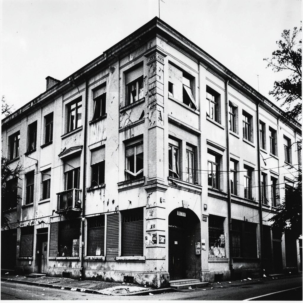 A textured architectural facade with layered stonework and deep shadow, rendered in a stark black-and-white duotone that evokes mystery and urban grit.